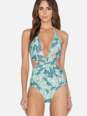 Mara Hoffman Tropical Leaf Print Halter One-Piece in Light Green and Teal